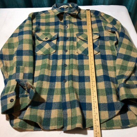 Vintage Woolrich wool blue green plaid flannel shirt pockets mens L lumberjack - Picture 4 of 10